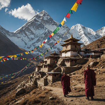 "A peaceful Buddhist monastery nestled in the foothills of Mount Everest, with colorful prayer flags fluttering in the wind and monks meditating against a stunning mountain backdrop."