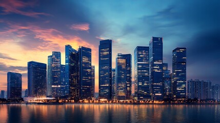 Naklejka premium Modern city skyline at dusk with illuminated skyscrapers, urban lifestyle and business concept.