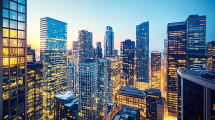Obraz premium Modern city skyline at dusk with illuminated skyscrapers, urban lifestyle and business concept.