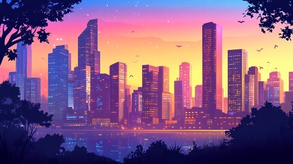 Obraz premium Modern city skyline at dusk with illuminated skyscrapers, urban lifestyle and business concept.
