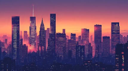 Fototapeta premium Modern city skyline at dusk with illuminated skyscrapers, urban lifestyle and business concept.