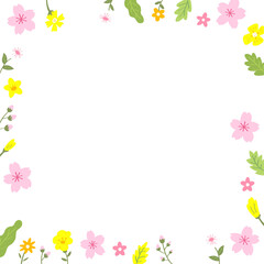 Spring Floral Frame with Colorful Flowers and Leaves