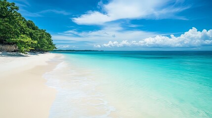 Tropical beach with white sand and crystal-clear turquoise water, perfect for travel and vacation themes.