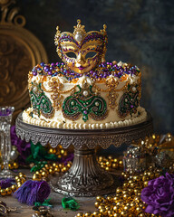 Obraz premium mardi gras cake with mask decoration and beads on stand