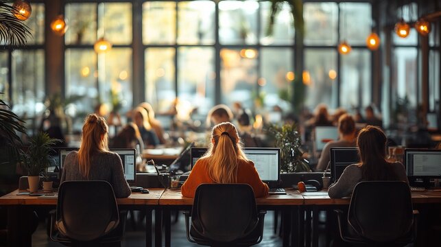 Open office coworking space with people working on computers collaborative workspace interior design concept