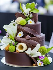 Elegant Chocolate Wedding Cake with Flowers