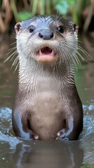 Obraz premium Cute otter in water with whiskers and wet fur looking forward