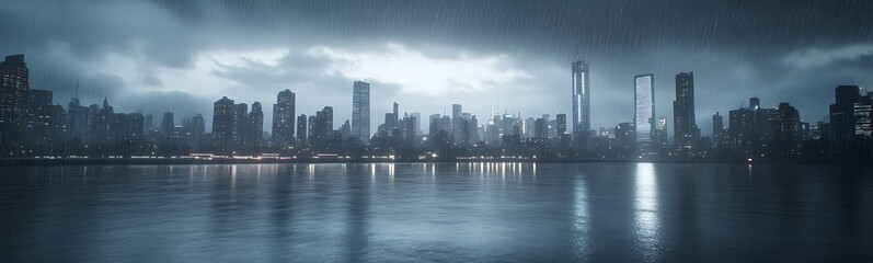 Moody city skyline under rain with reflections on water, creating a dramatic atmosphere.