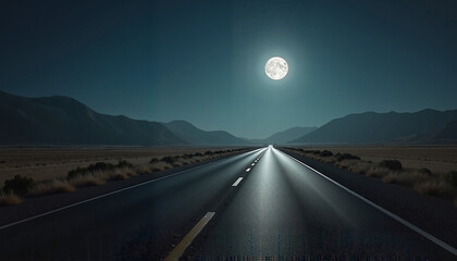 a quiet deserted highway under the silver glow of the moon, reflecting off the smooth asphalt, surrounded by open fields