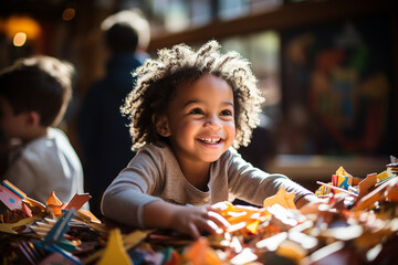 delightful ebony child, brimming with innocence, engages playful interaction with a child development specialist Together, they construct a magnificent structure using vibrant bricks, fostering the ch