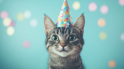A playful cat with a party hat looks curiously at the camera amidst a backdrop of vibrant confetti, capturing a joyful moment
