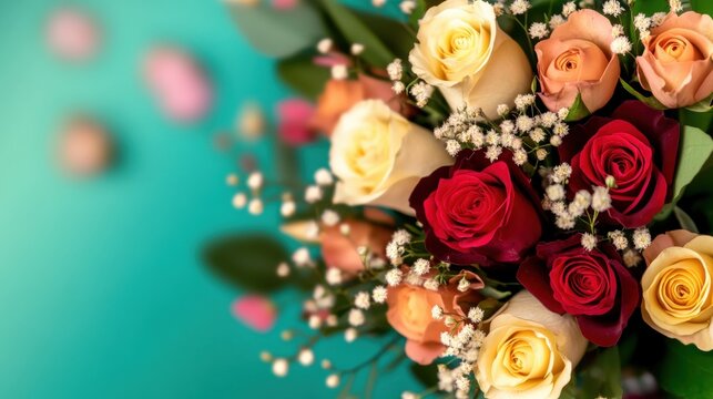 A vibrant bouquet of mixed roses in various colors, complimented by delicate greenery, arranged on a bright teal surface