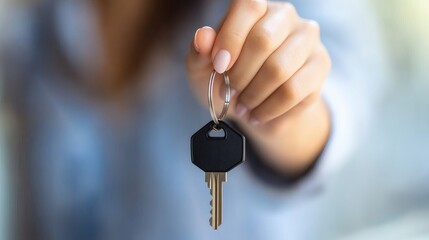 Close Up Of Hand Holding Key To New House On Blurred Background And Shiny Light