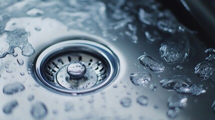 Close Up of Water Droplets on a Stainless Steel Sink Drain