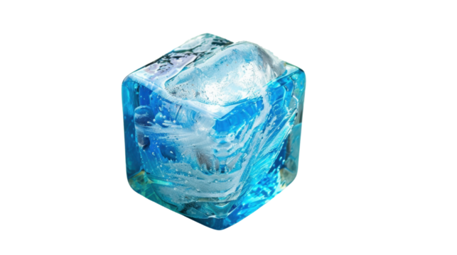 Blue ice cube rotating with transparent background