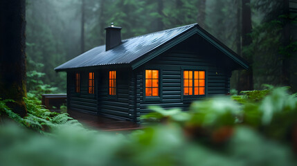 Dark Green Log Cabin in a Foggy Forest at Night