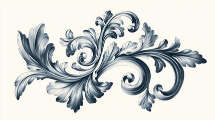 Elegant Blue and Silver Scrollwork Design: A Baroque-Inspired Floral Ornament