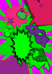 Obraz premium Cartoon Green and Purple, comic book background. Retro vector comics pop art design.