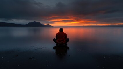Solitude at dawn, person meditating by the sea