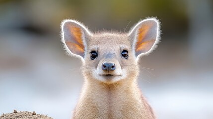 Fototapeta premium Close-up of a young, curious mammal. A fawn-colored creature with large ears, looking directly at the camera