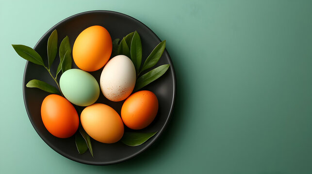Elegant Easter Table Setting with Pastel Colored Eggs and Greenery
