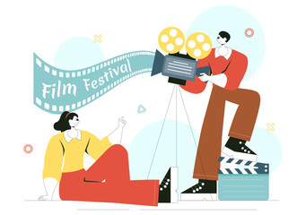 Film Festival Vector Illustration Featuring Cinematography and the Process of Shooting Movies and Films in a Studio with Camera and Filmstrip