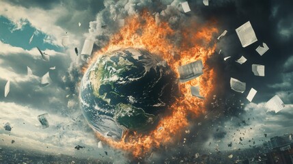Fototapeta premium Fiery Pixelated Earth Globe Destroying Cityscape Amidst Explosions Under Cloudy Skies Symbolic of Climate Change and Environmental Disaster