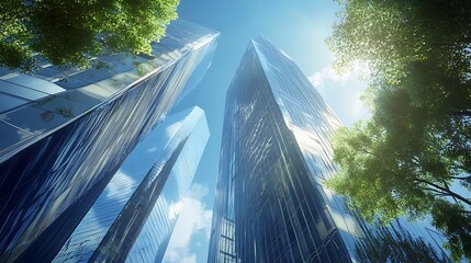 Modern Skyscrapers Reaching for the Sky, Sunlight and Lush Green Trees