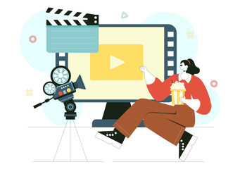Film Festival Vector Illustration Featuring Cinematography and the Process of Shooting Movies and Films in a Studio with Camera and Filmstrip