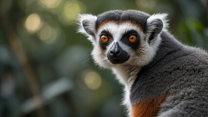 Fototapeta premium Close-up of a lemur with bright orange eyes and soft fur. Blurred green foliage background. Perfect for wildlife photography.