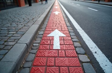 Red tactile paving strip with white arrow sign directs blind disabled pedestrians. Navigation strip on city street helps safely cross road, enhances safety, guides visually impaired.