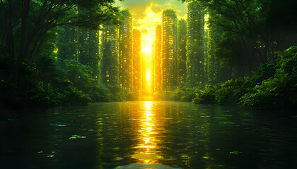 Fototapeta premium Lush city hidden in a vibrant forest