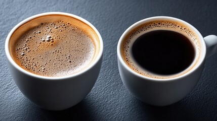 Fototapeta premium Two espresso cups of coffee on dark surface