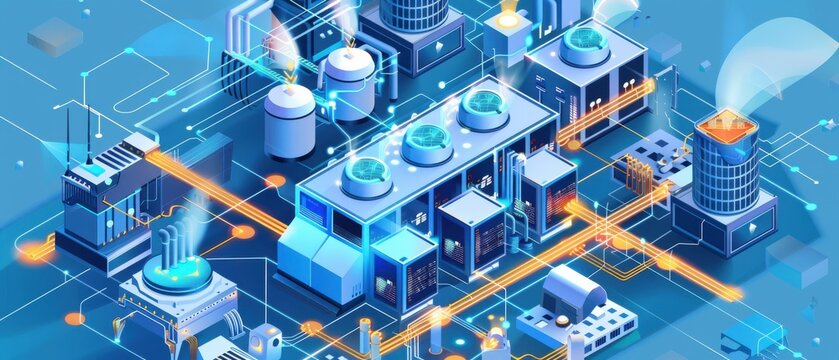 Isometric data center view, power consumption optimization, thermal efficiency mapped, sustainable energy flows with futuristic industrial noise.