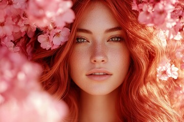 Naklejka premium Commercial idea art. Spring mood, early sunshine and fog. Pretty caucasian young woman surrounded by cherry blossoms. Woman in a lively flower garden. Woman in bright spring garden.