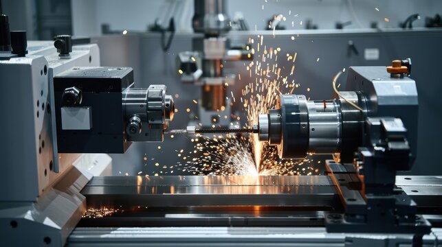 Sparks fly as the rotary CNC machine cuts metal with laser-guided precision in a detailed industrial setting.