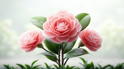 Three pink roses with green leaves against a soft background.