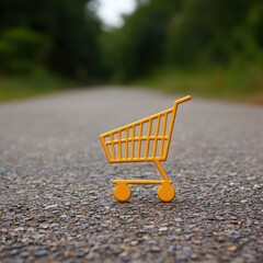 A small orange metal shopping cart model sits on a paved road surrounded by blurred lush green trees creating a vibrant and lively outdoor scene