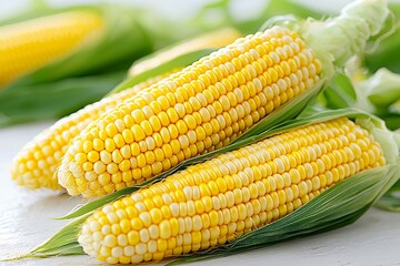 Fresh corn cobs on a light background with green leaves.