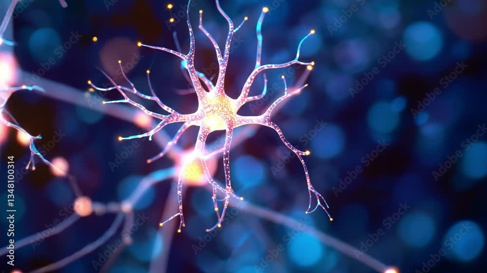 Poster exploring neurons intricate structure and communication of cells in nervous system and brain vibrant