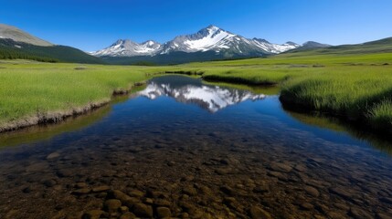 Fototapeta premium Serene mountain reflection in a crystal-clear stream. A tranquil meadow with lush green grass surrounds the still water, mirroring the snow-capped peaks in the background