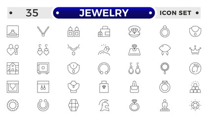 Jewelry icon set. Simple Set of Jewelry Related Vector Line Icons. Contains such Icons as Earrings, Body Crosses, and Engagement rings. Outline icon collection.