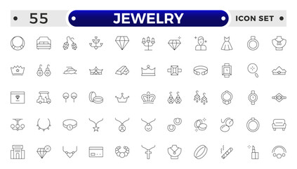 Jewelry icon set. Simple Set of Jewelry Related Vector Line Icons. Contains such Icons as Earrings, Body Crosses, and Engagement rings. Outline icon collection.