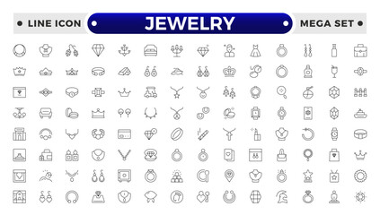 Jewelry icon set. Simple Set of Jewelry Related Vector Line Icons. Contains such Icons as Earrings, Body Crosses, and Engagement rings. Outline icon collection.