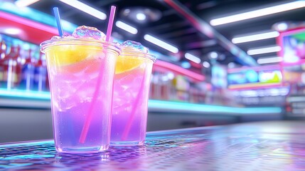 Vibrant cocktails on a bar with colorful neon lights in the background.