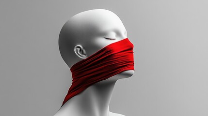Silently Restrained: A Red Fabric Muffles a White Mannequin