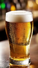 Close-up image of a pint glass with light beer and thick foam head resting on dark wood surface with blurred bar background setting atmosphere