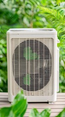 A white outdoor air conditioning unit positioned on a wooden deck, surrounded by vibrant, lush green tropical foliage in a serene garden setting