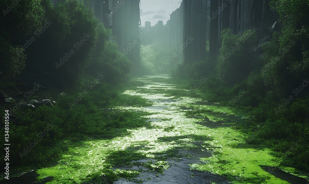 Poster Mysterious forest path illuminated by soft green light and surrounded by lush foliage.