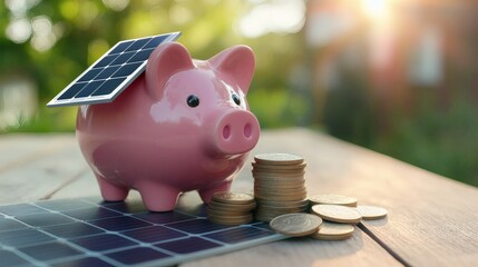 Pink Piggy Bank with Solar Panel on Wooden Table Top Stacked Coins and Sun Flare Promoting Renewable Energy Savings and Investment